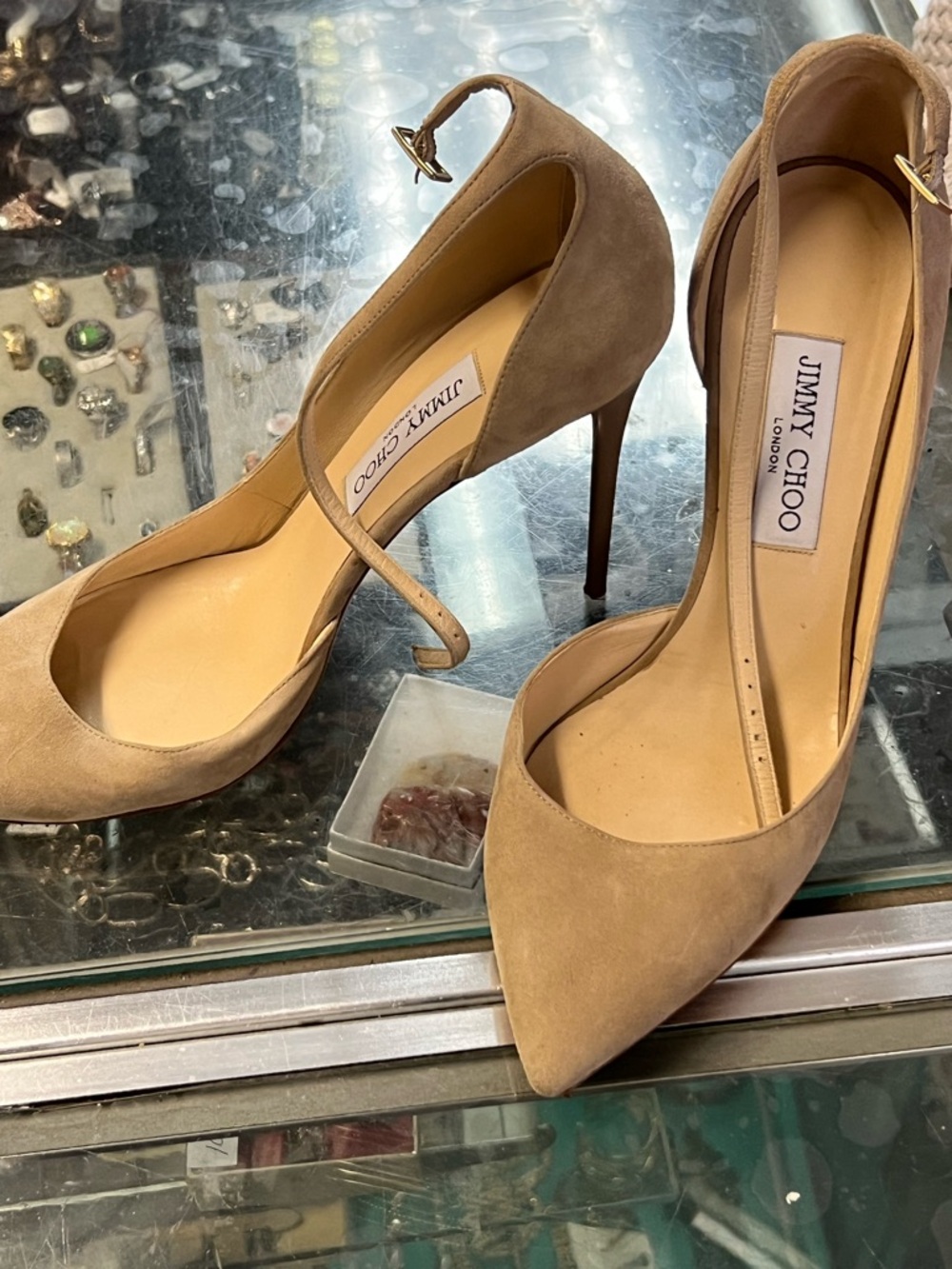Jimmy Choo Taupe Suede Pointed-Toe Ankle-Strap Stilettos